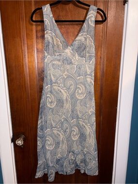 New York & Company Paisley V-Neck Midi Dress in Light Blue and Cream